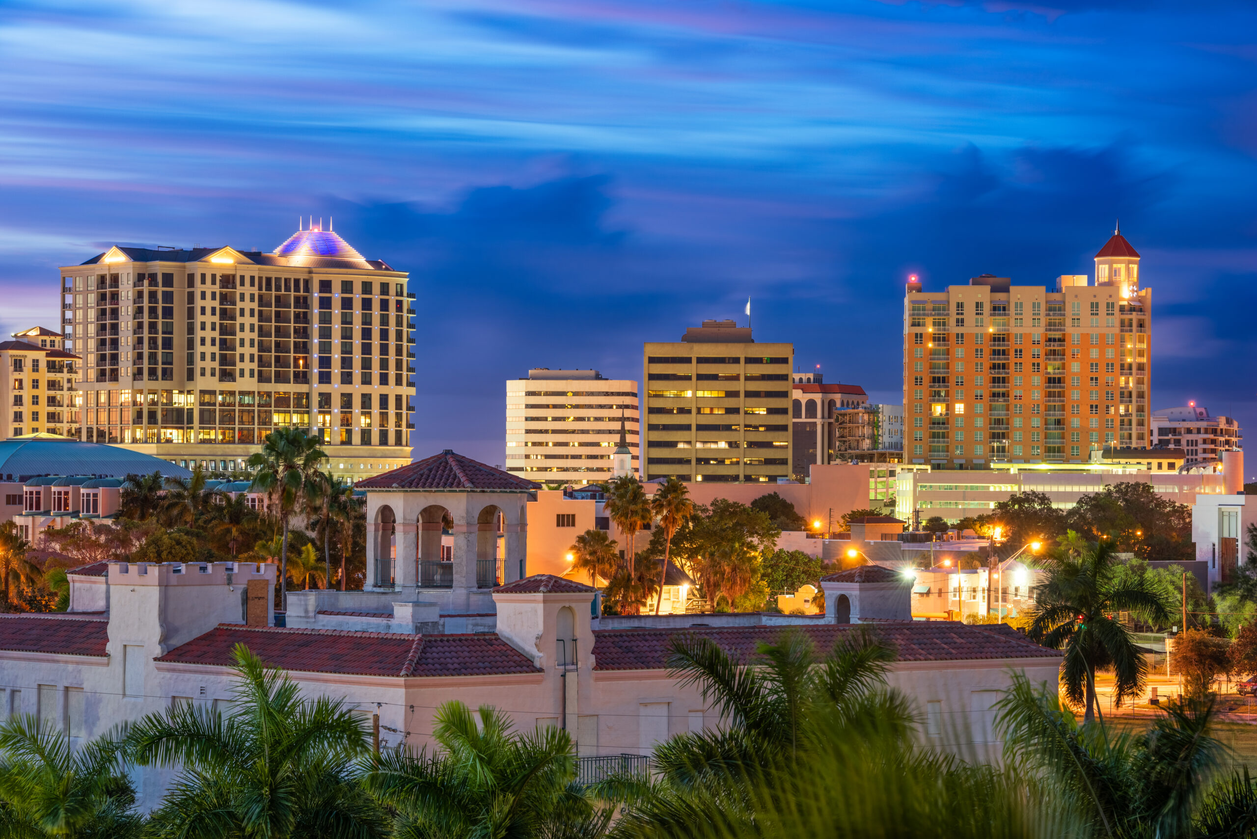 Sarasota, Florida, USA downtown city skyline at twilight.